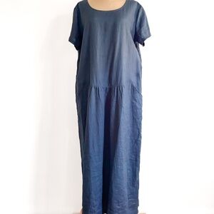 VIVID 100% Linen Blue Short Sleeve Dress w/ Pockets Size XL Lagenlook Minimalist